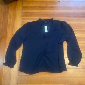NWT Ann Taylor - navy blue blouse, ruffle trim, sheer sleeves, v-neck, size L